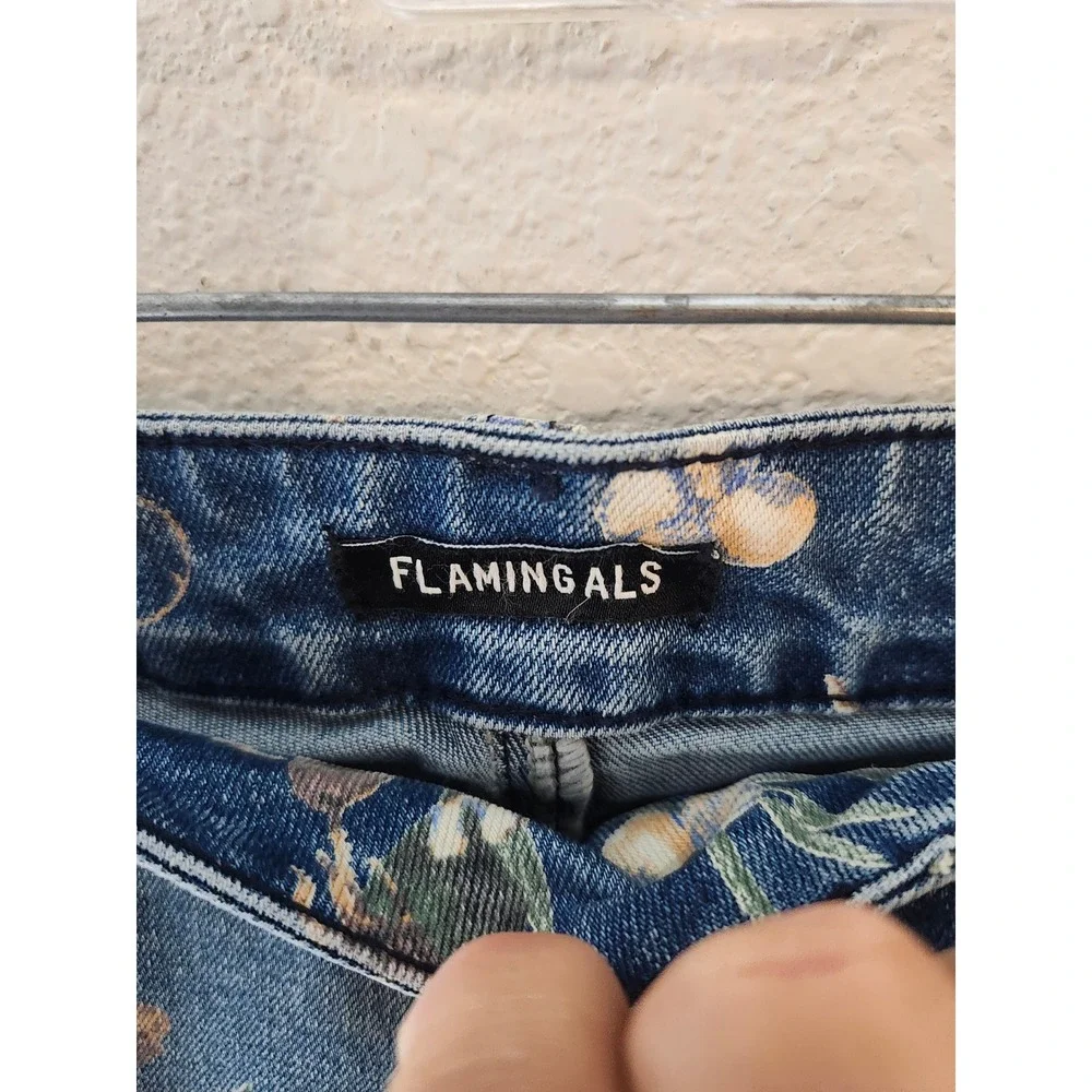 Flamingals Bermuda Shorts Women 2XL Blue Floral Print Stretch Denim High Rise